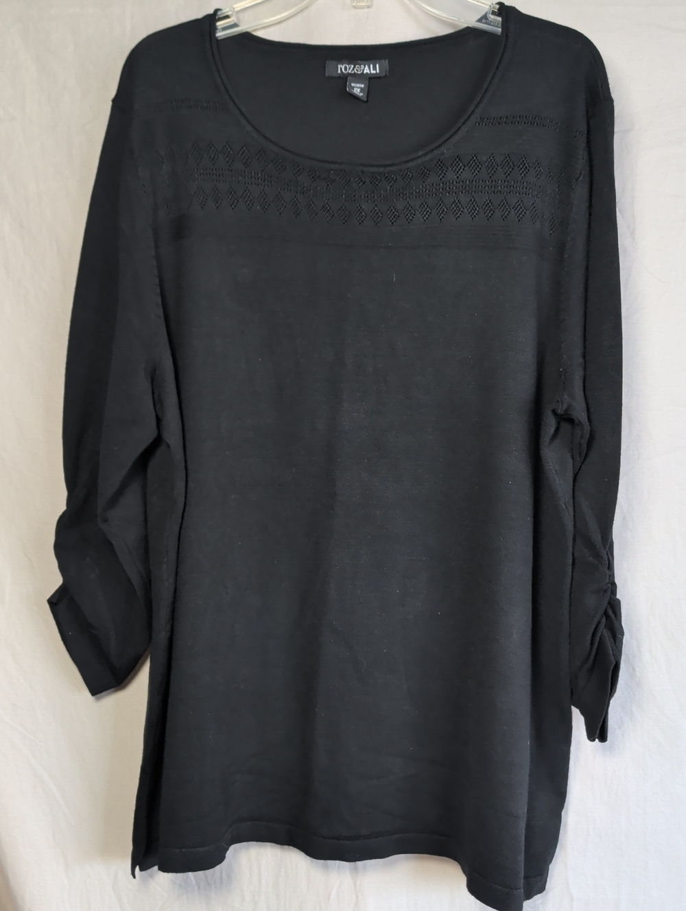 Roz & Ali Black Long Sleeve Scoop Neck Knit Top with Lace Yoke Minimalist